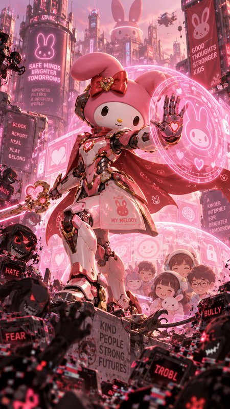 [Armored cyberpunk My Melody holds a glowing pink hologram shield, protecting children from dark troll robots in a neon fu...
