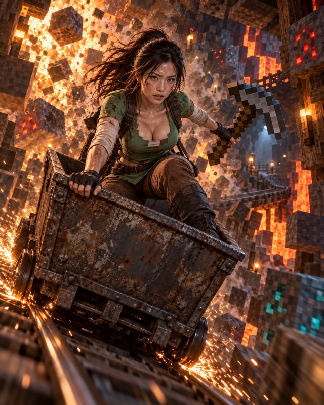 Female adventurer rides a speeding rusted mine cart holding a pixel pickaxe through an exploding blocky Minecraft-style
