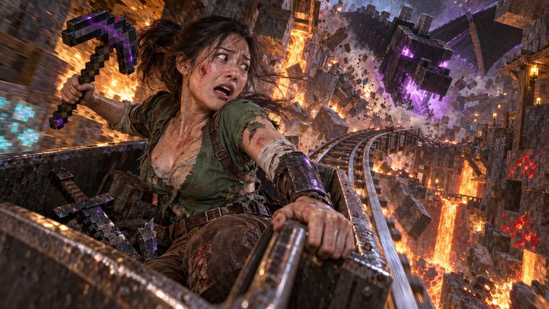 Terrified Minecraft adventurer rides a speeding minecart holding an enchanted pickaxe through a crumbling lava-filled
