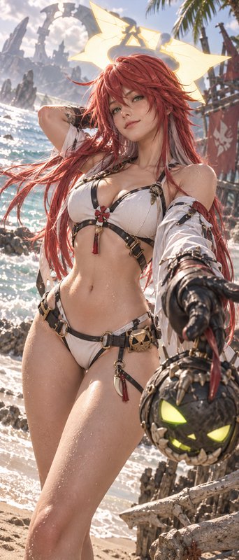 Hyperrealistic red-haired fantasy game character in a harness bikini holds a spiked orb on a sunny rocky beach, glowing
