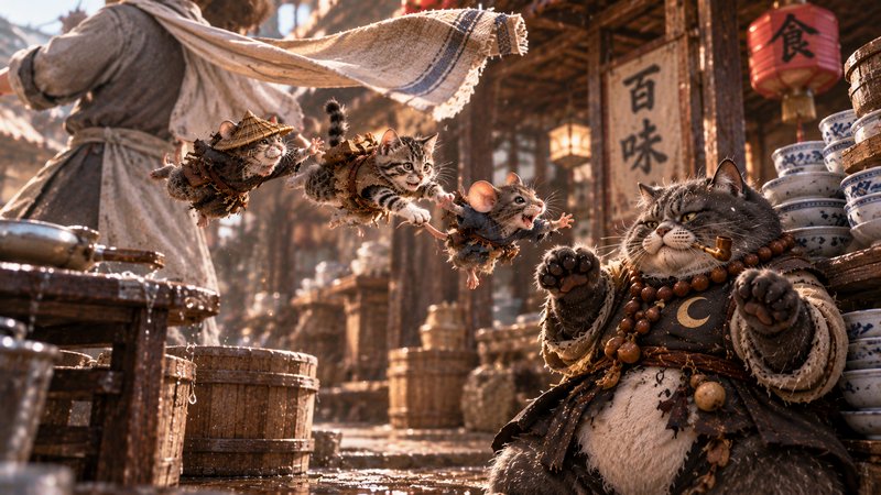 Large robed tabby cat reaches to catch tiny costumed kittens and mouse mid-leap in a sunlit traditional East Asian