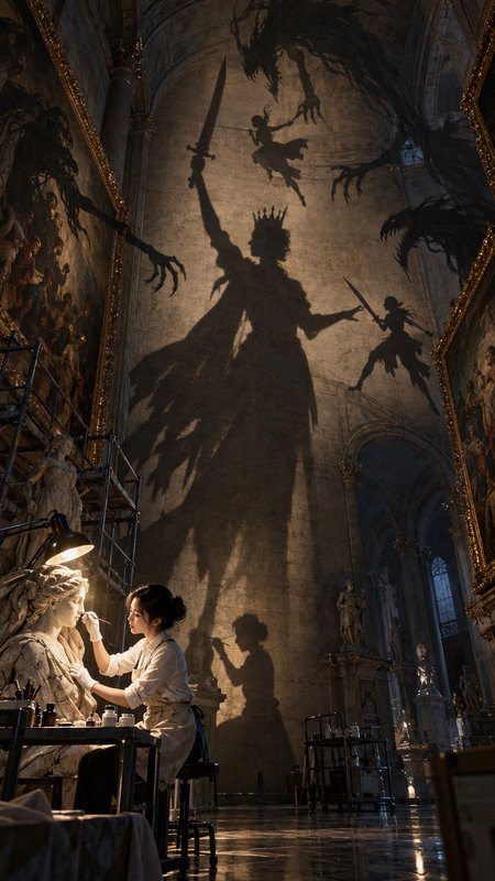 Art restorer works on a marble statue as fantasy battle shadows stretch across a tall cathedral wall