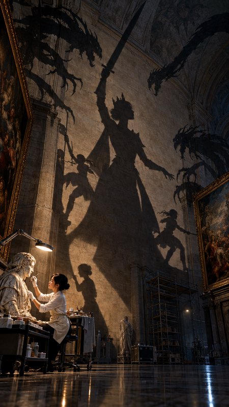 Art restorer works on a marble statue, casting epic fantasy battle shadows across a vaulted gallery wall