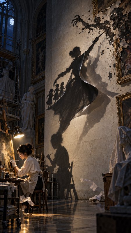 Female painter works at an easel while her dramatic shadow of a warrior defeating a monster stretches across the gallery wall