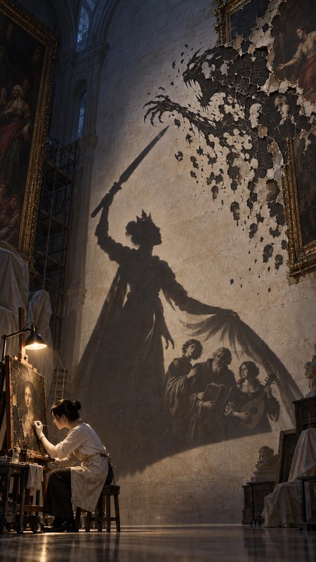 Female art restorer paints at an easel beneath a dramatic giant shadow of a crowned sword-wielding queen on a cathedral wall