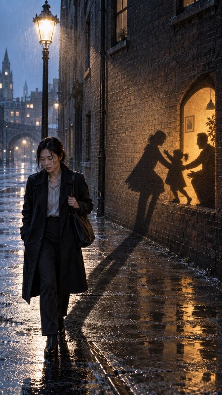 Lonely woman walks rainy dusk city alley beside warm window casting family silhouette on brick wall