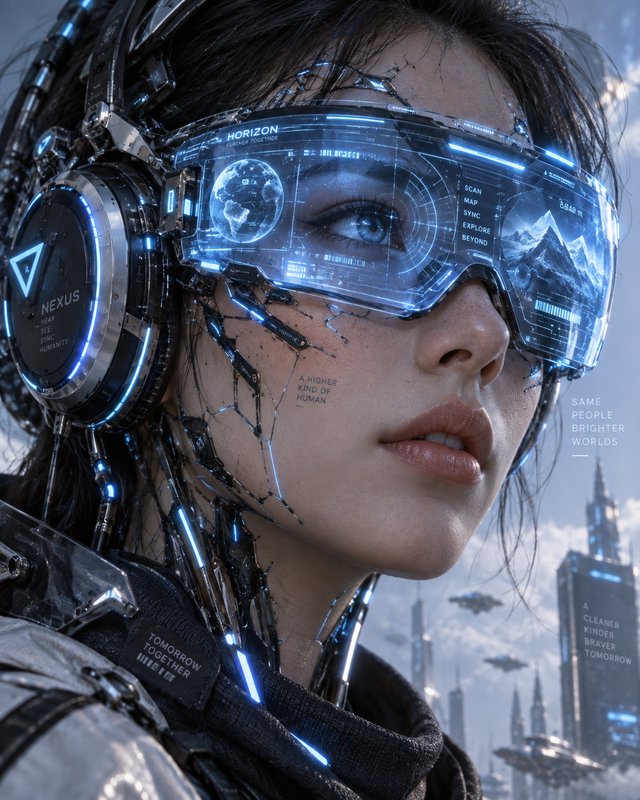 Close-up portrait of a female cyborg with glowing holographic AR goggles overlooking a futuristic cyberpunk city