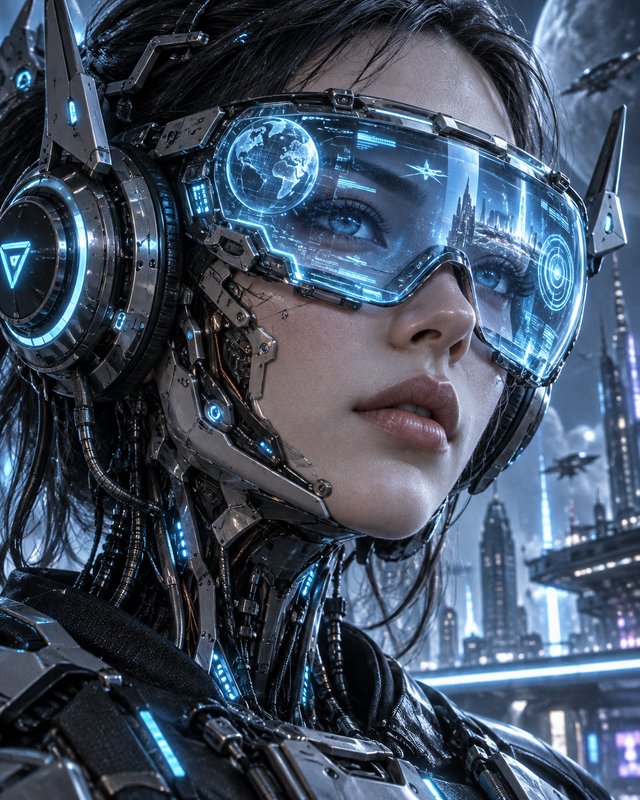 Close-up portrait of a female cyborg with glowing holographic HUD goggles overlooking a futuristic cyberpunk city