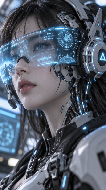 Close-up portrait of a female cyborg with glowing holographic AR visor and cybernetic neck implants