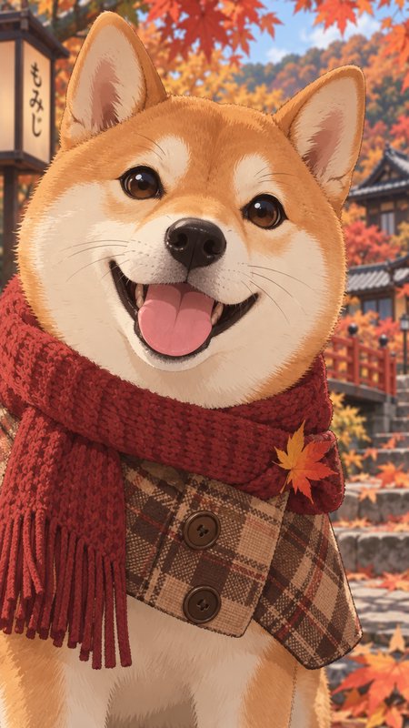 Smiling fluffy shiba inu wearing a red knit scarf stands in a traditional Japanese autumn village setting