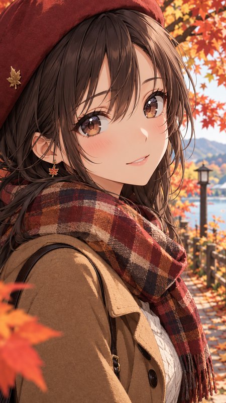 Close up portrait of a smiling anime girl in cozy fall attire against an autumn lakeside backdrop