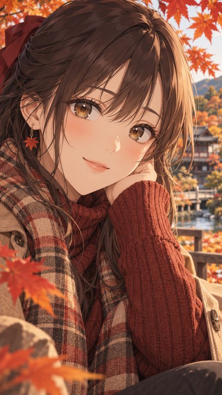Smiling anime girl resting her cheek on her hand surrounded by vibrant autumn maple foliage