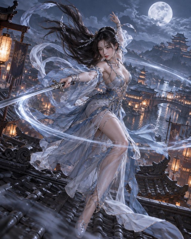 Graceful fantasy swordswoman holds a glowing blade while standing on an ancient East Asian city rooftop under a full moon