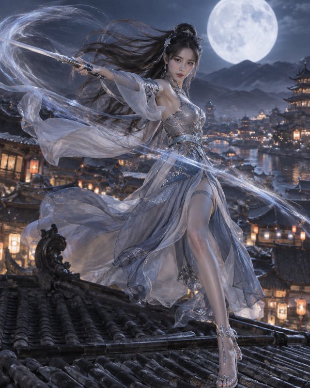 Fantasy female wuxia warrior holds a glowing sword on a rooftop above an ancient lit city under a full moon