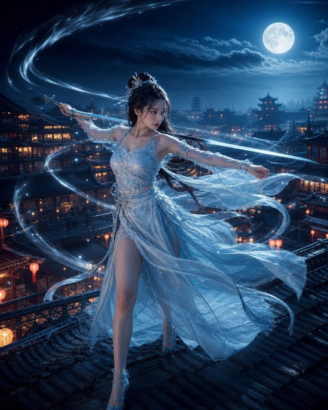 Graceful xianxia swordswoman holds a glowing sword on ancient city rooftops under a bright full moon