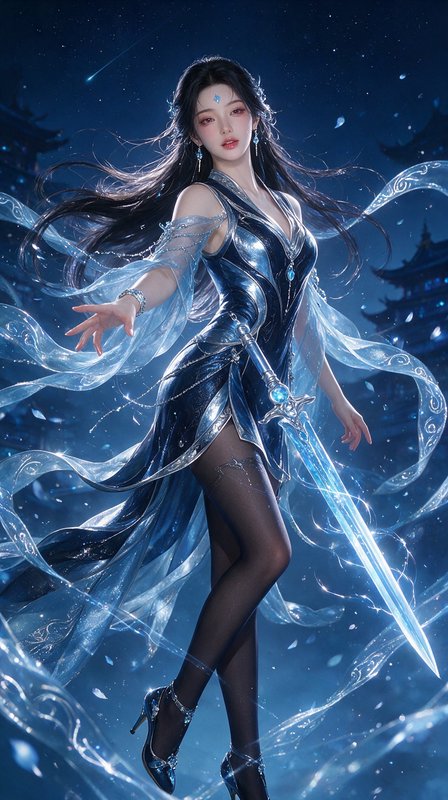 Elegant xianxia female warrior wielding a glowing ice sword under a starry night sky