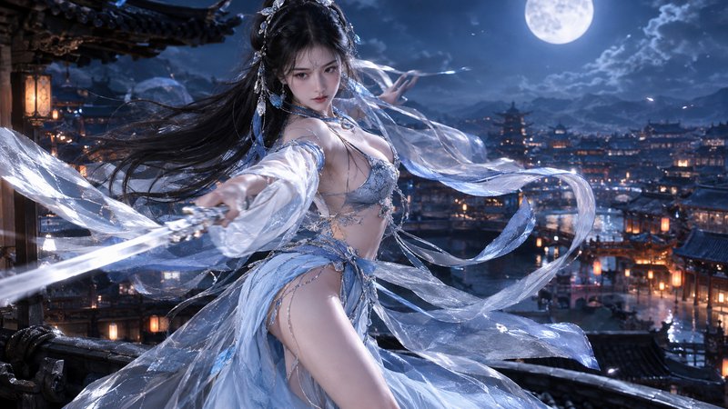 Ethereal xianxia female warrior wielding a silver sword stands above a lantern-lit ancient city under a full moon