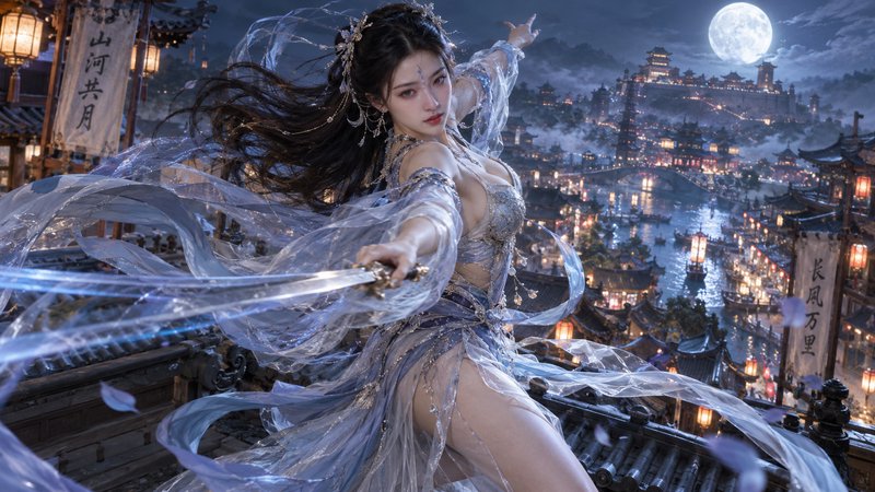 Fantasy female swordswoman stands on a rooftop overlooking a glowing ancient city under a full moon