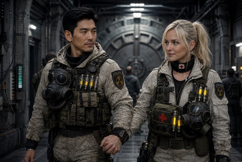 Two Stalker tactical operatives hold hands while standing in an underground industrial bunker corridor