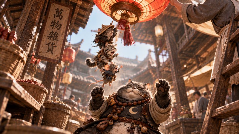Overweight robed tabby cat reaches up to catch a falling stack of tiny animals in a sunlit traditional Chinese market