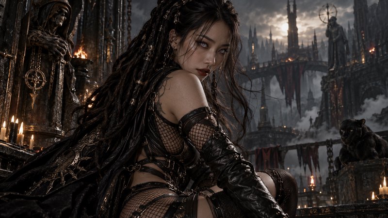 Fierce dark fantasy warrior woman looks over her shoulder from a misty gothic castle chamber