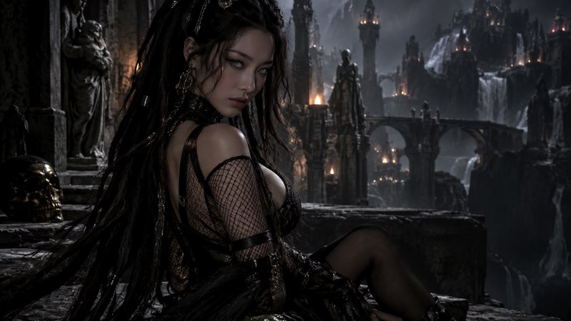 Brooding dark fantasy woman looks over her shoulder from a stone ledge overlooking a misty gothic fortress