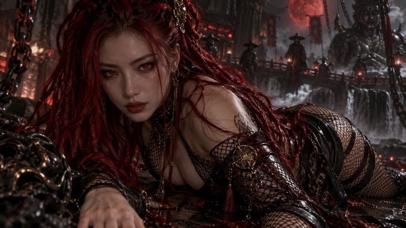 Red haired fantasy woman with glowing red eyes reclines in a dark East Asian underworld under a blood moon