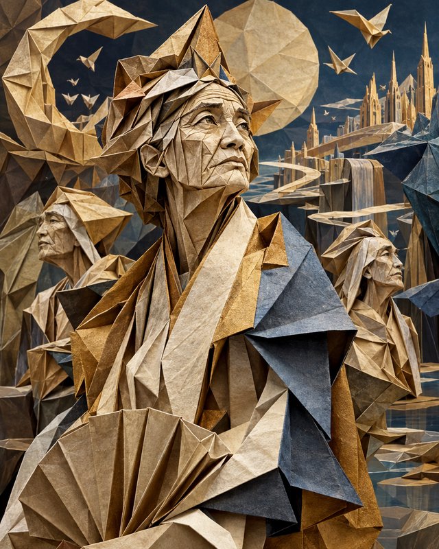 Detailed origami elder portraits crafted from folded paper against a fantasy moonlit cityscape