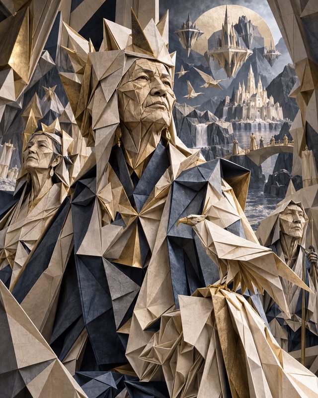 Intricate geometric origami elven royalty stand before a floating fantasy castle landscape