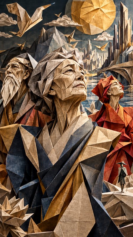 Faceted origami paper art of wise elder figures set in a surreal geometric fantasy landscape