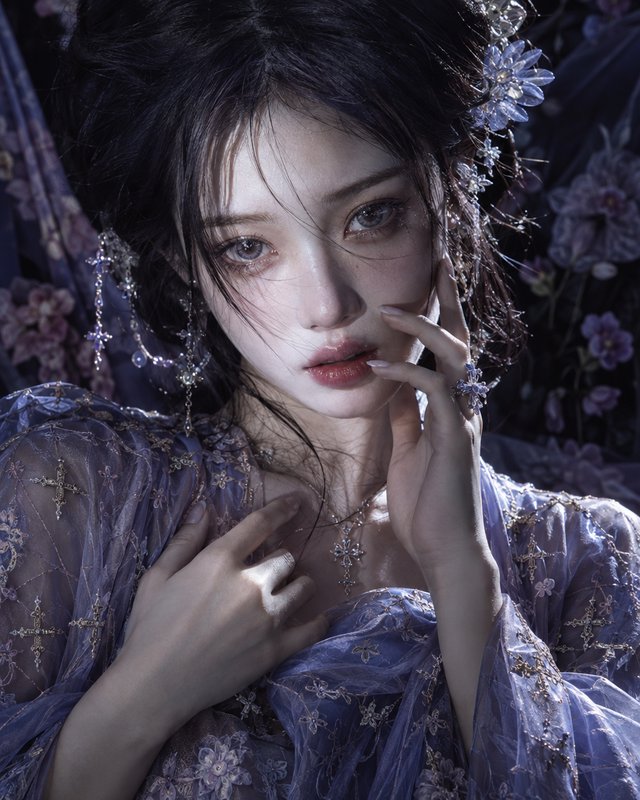 Ethereal young woman in a sheer lavender fantasy gown rests her hands near her face, adorned with crystal jewelry.