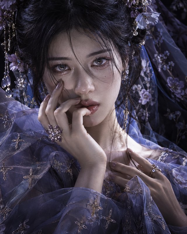 Ethereal young woman in lilac fantasy attire rests her hand near her face, adorned with floral beaded hair accessories