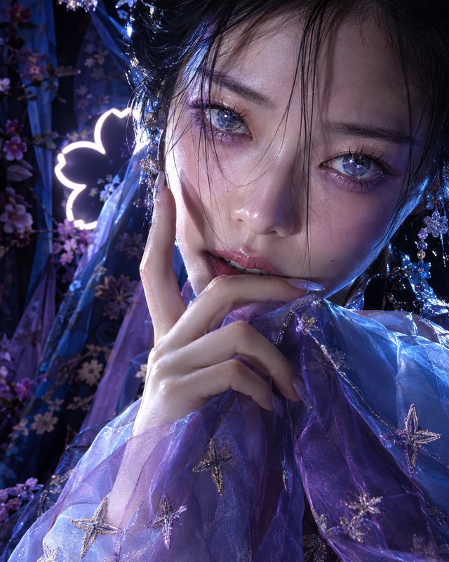 Close-up ethereal portrait of a fantasy woman in iridescent purple-blue fabrics with glowing floral decor
