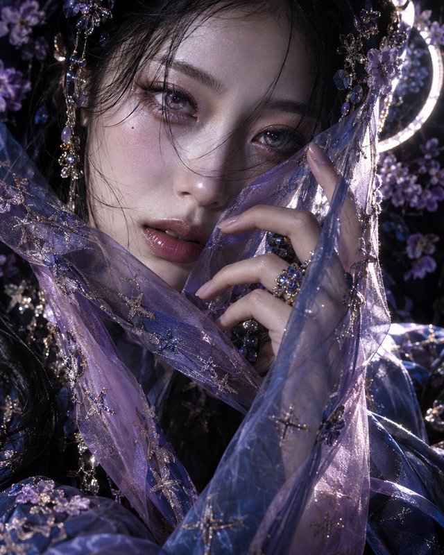 Close up fantasy portrait of a woman holding shimmering purple sheer fabric near her face