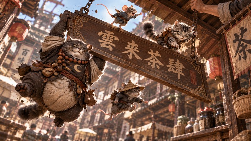 Whimsical anthropomorphic cats and mice playfully cling to a wooden tea shop sign above a sunlit traditional market