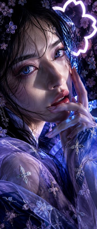 Close up portrait of a woman with luminous blue eyes surrounded by purple florals and neon cherry blossom lighting