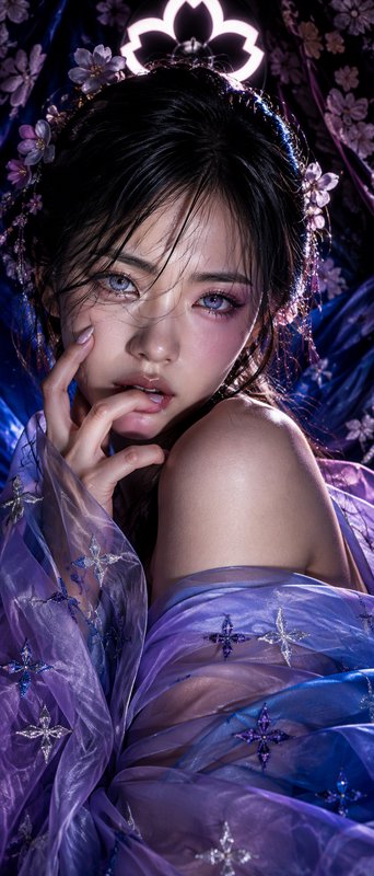 Ethereal young woman with pastel heterochromatic eyes wears a floral crown, glowing lotus halo, and sheer purple fantasy gown