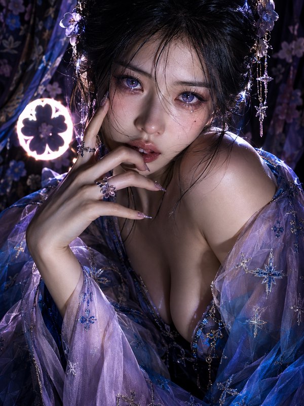 Ethereal fantasy portrait of a woman with lavender eyes wearing a shimmering purple-blue sheer gown