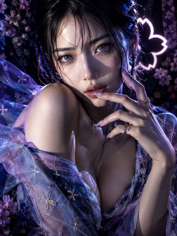 Ethereal young woman with luminous blue eyes poses against a dark floral backdrop with neon cherry blossom lighting