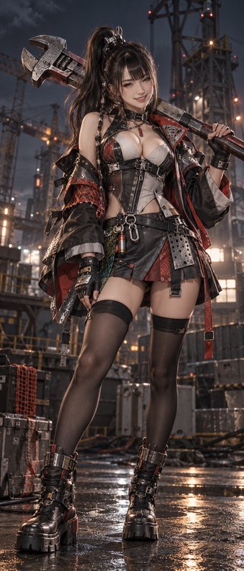 Fantasy mechanic girl holding an oversized wrench stands on wet industrial grounds at dusk.