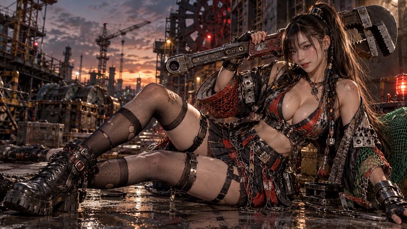 Confident steampunk mechanic woman holds a giant wrench while reclining on wet industrial factory ground at sunset