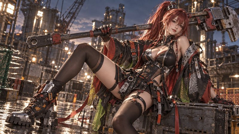 Red haired dieselpunk mechanic holds a giant wrench while seated on crates at a dusk industrial facility
