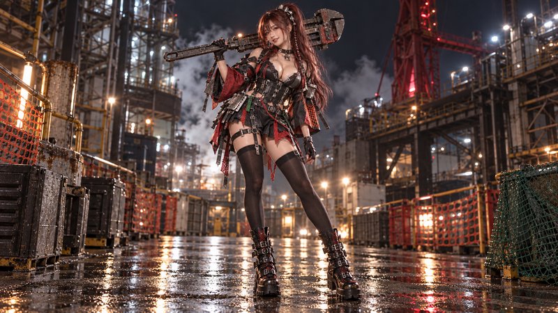 Steampunk cosplayer holding an oversized wrench poses on wet industrial refinery grounds at night