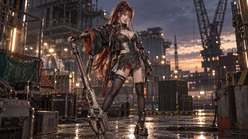 Steampunk cosplayer holding an oversized wrench stands on a wet industrial site at dusk