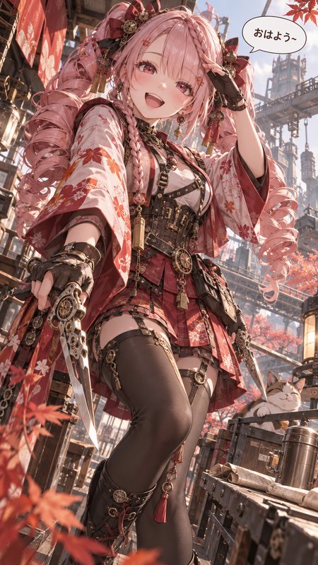 Cheerful pink-haired steampunk anime girl greets viewers while holding an ornate mechanical dagger