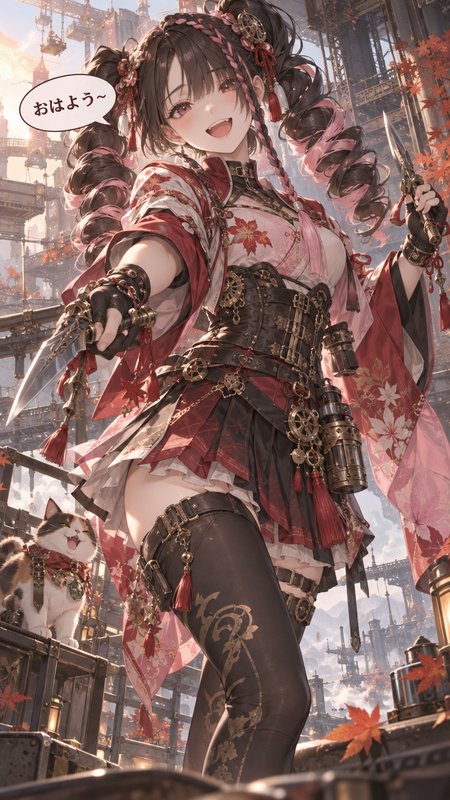 Cheerful steampunk anime girl holding dual daggers greets viewers beside a happy calico cat in a fantasy industrial cityscape
