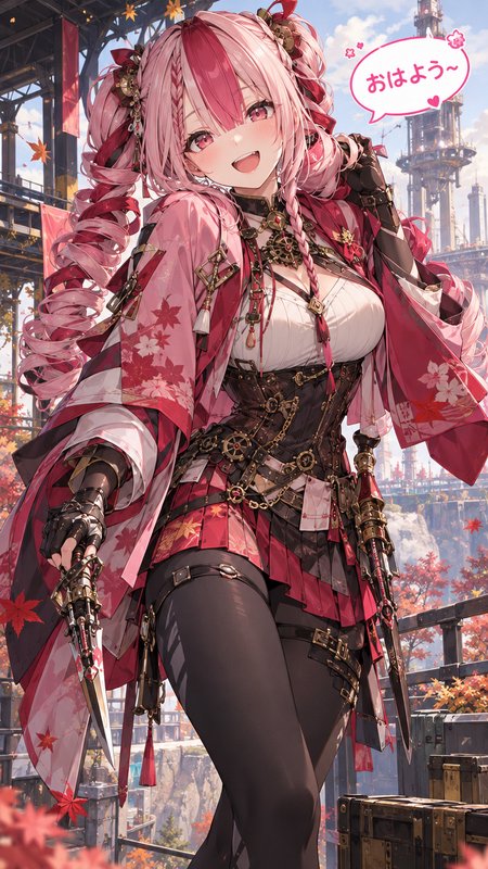 Smiling pink-haired steampunk anime girl holding a mechanical blade in an autumn industrial overlook
