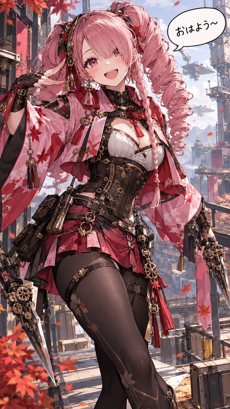 Cheerful pink-haired steampunk anime girl gives a peace sign while greeting from a floating industrial sky platform