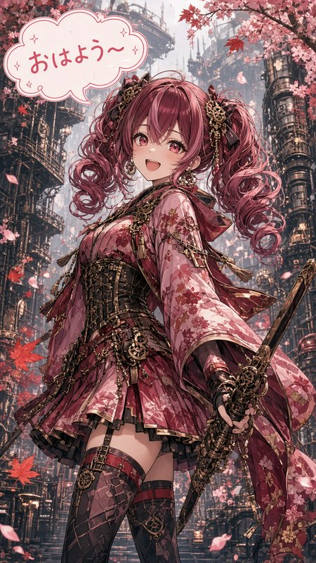 Cheerful steampunk anime girl with magenta twin tails greets viewers under cherry blossoms in a fantasy industrial city