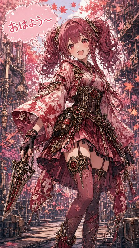 Cheerful steampunk anime girl with magenta twin tails holds an ornate blade in a maple-lined industrial alley